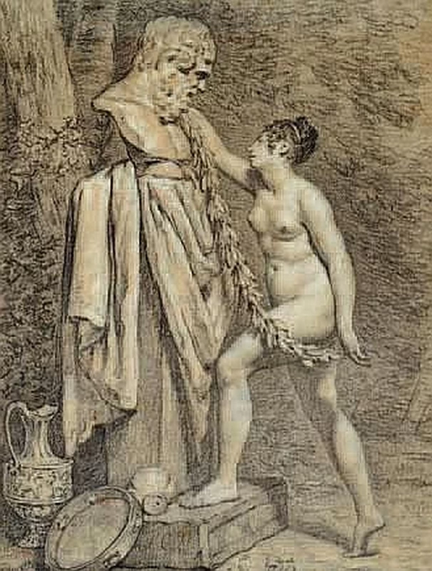 Una vergine vestale che incorona una statua di Bacco